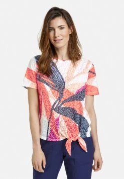 Gerry Weber Short Sleeve Shirt With Tie Detail - T-Shirt Print - Ecru Weiss Rot Orange Druck