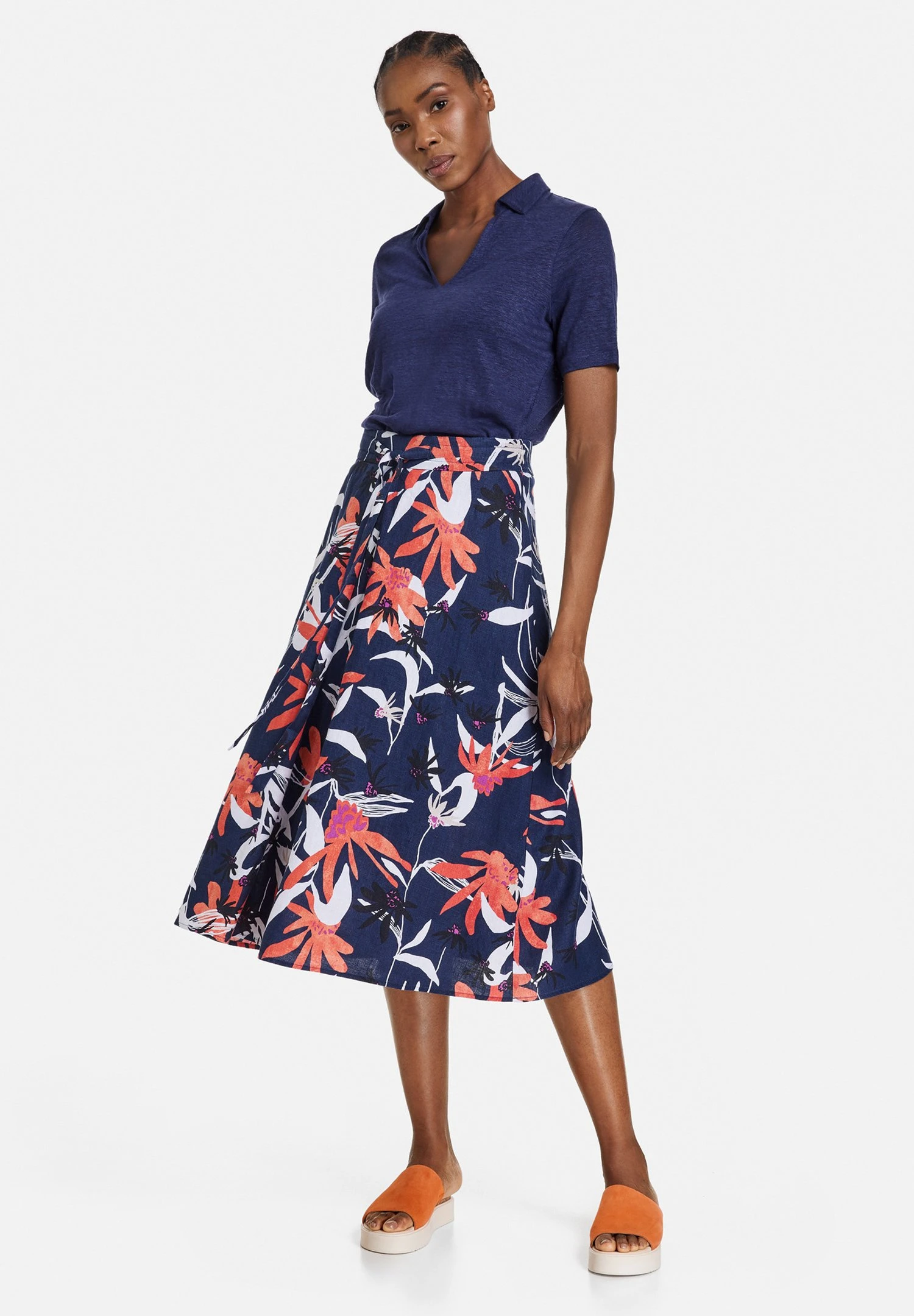 Gerry Weber Lang Weit Langer Aus - A-Lijn Rok - Blau Rot Orange Druck 2 Gerry Weber Lang Weit Langer Aus - A-Lijn Rok - Blau Rot Orange Druck - Afbeelding 2